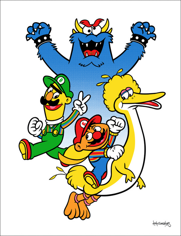 big bird, ernie, bert, cookie monster, bowser, and etc (super mario world and etc) created by unknown artist