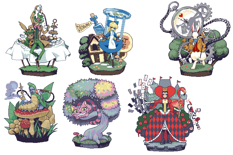 queen of hearts, alice, the white rabbit, cheshire cat, mad hatter, and etc (alice in wonderland) created by akke
