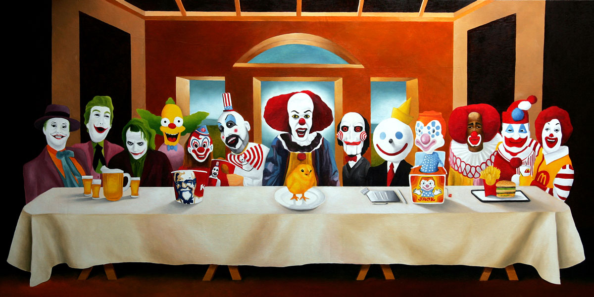 pennywise the dancing clown, captain spaulding, billy the puppet, krusty the clown, john wayne gacy, and etc (killer klowns from outer space and etc) created by unknown artist
