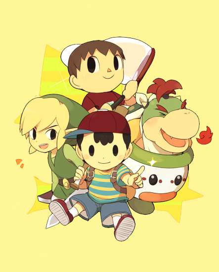 bowser jr., ness, toon link, and villager (earthbound (series) and etc) created by osooup