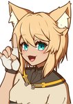 :3 animal_humanoid arc_system_works bangs blonde_hair blush breasts bridget_(guilty_gear) cat_humanoid clothed clothing eyelashes fangs felid felid_humanoid feline feline_humanoid female female_humanoid fingerless_gloves gesture gloves guilty_gear guilty_gear_strive hair hand_gesture handwear hi_res humanoid inner_ear_fluff japanese_description looking_at_viewer mammal mammal_humanoid medium_hair nirade44 open_mouth open_smile simple_background small_breasts smile solo teal_eyes teeth translated_description tuft white_background white_clothing white_gloves white_handwear