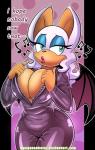 2016 anthro bat big_breasts bodysuit breasts cleavage clothed clothing embarrassed english_text female hi_res mammal omegasunburst rouge_the_bat sega skinsuit solo sonic_the_hedgehog_(series) teal_eyes text tight_clothing unzipped unzipped_bodysuit zipper zipper_bodysuit zipper_down