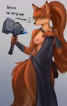 absurd_res anthro apron apron_only asterigos:_curse_of_the_stars breasts canid canine chilldog clothing digital_media_(artwork) exposed_breasts female fluffy_fur fox green_eyes hair hammer hi_res holding_object mammal melee_weapon mostly_nude nipple_slip nipples nude solo standing tools vulcane_(asterigos) weapon