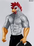 2023 abs absurd_res anthro artist_name avian beak belwulf biceps bird bottomwear chicken clothed clothing digital_media_(artwork) eyebrows feathers galliform gallus_(genus) grey_background hi_res male muscular muscular_anthro muscular_male navel pants pecs phasianid pose red_eyes simple_background smile solo topless vein veiny_arms veiny_muscles wereavian werebird werechicken werecreature white_body white_feathers yellow_beak