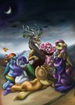 absurd_res ambient_bat angel_(mlp) antlers apple_bloom_(mlp) applejack_(mlp) carrying_another chimera clothing cloud cowboy_hat crescent_moon detailed_background discord_(mlp) draconequus dragon earth_pony equid equine facial_hair female feral fluttershy_(mlp) flying friendship_is_magic group hasbro hat headgear headwear hi_res horn horse inspired_by_formal_art lagomorph leporid looking_at_another lying male mammal moon my_little_pony mythological_creature mythological_equine mythological_scalie mythology night on_side outside pegasus pinkie_pie_(mlp) polnocnykot pony princess_celestia_(mlp) rabbit rainbow_dash_(mlp) rarity_(mlp) reclining scalie scootaloo_(mlp) sitting spike_(mlp) sweetie_belle_(mlp) twilight_sparkle_(mlp) unicorn winged_unicorn wings witches'_sabbath wreath