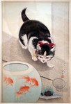 1933 20th_century absurd_res ambiguous_gender ancient_art aquarium black_body black_fur claws cyprinid cypriniform domestic_cat dorsal_fin felid feline felis feral fin fish fish_bowl fur goldfish group hi_res inner_ear_fluff mammal marine ohara_koson paws public_domain quadruped scales tail tail_fin traditional_media_(artwork) tuft vivarium whiskers