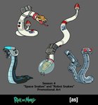 adult_swim ambiguous_gender astronaut cartoon_network english_text fangs grey_background group joy_erskine machine official_art open_mouth reptile rick_and_morty robot scalie science_fiction simple_background snake teeth text tongue tongue_out weapon