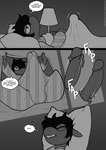 balls bed big_balls big_penis bulge clothed clothing comic detailed_bulge english_text erection erection_under_clothing freckles_(artist) furniture genital_outline genitals glans hair horn huge_penis humanoid_genitalia humanoid_penis male masturbation monochrome on_bed pajamas penile penile_masturbation penis penis_outline pillow small_but_hung solo tenting text thought_bubble