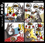 angry base_two_layout black_body black_eyes black_fur black_nose canid canine canis clothed clothing comic cooking curry dialogue disagreement domestic_dog duo exclamation_point eyebrows fangs four_frame_grid four_frame_image fur furniture gab_(comic) gab_shiba gabshiba grid_layout inside male mammal multicolored_body multicolored_fur musical_note musical_symbol pictographics pink_nose pit_bull question_mark regular_grid_layout ruff_bull shiba_inu speech_bubble spitz symbol table teeth text thick_eyebrows two_row_layout two_tone_body two_tone_fur url white_body white_fur yellow_body yellow_fur