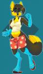 2017 anthro belly big_belly black_body black_fur black_hair blue_background blue_body blue_fur blush bottomwear breasts canid canine canis clothed clothing dy female footwear fur gender_transformation green_eyes hair luc mammal mtf_transformation navel pregnant pregnant_anthro pregnant_female pregoo rapid_pregnancy sandals shirt shoes shorts simple_background solo tank_top topwear transformation wolf yellow_bo yellow_body yellow_fur