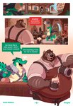 2023 alcohol alligator alligatorid anthro axe bear beer beverage biped clothing comic crocodilian dialogue english_text grin hi_res kygen male mammal overweight overweight_male reptile scalie smile speech_bubble tavern text