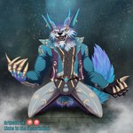 1:1 abs anthro bottomwear bulge canid canine canis claws clothing ear_piercing fangs fur hi_res horn jacket league_of_legends male mammal muscular open_mouth pants piercing riot_games sammaeel shawl shirt snow snowing tail teeth tencent topwear warwick_(lol) wolf