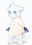 2019 3_toes anthro blue_eyes blush bottomless clothed clothing coat coat_only colored digital_drawing_(artwork) digital_media_(artwork) domestic_cat feet felid feline felis fluffy fluffy_tail fur hair hands_behind_back hi_res looking_at_viewer male mammal navel nervous portrait shaded sheryl_(artist) signature simple_background solo tail toes topwear topwear_only white_background white_body white_fur young young_anthro