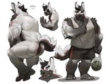 2023 adrian_(uriex) anthro bag biceps big_chest biped black_body black_bottomwear black_clothing black_eyebrows black_fur black_nose bottomwear butt canid canine canis clothed clothing eyebrows fur hair hi_res male mammal multicolored_body multicolored_fur musclegut muscular muscular_anthro muscular_male nude open_mouth pecs plastic_bag rear_view red_eyes scar shorts simple_background sitting tail teeth thick_thighs tongue tongue_out topwear tuft two_tone_body two_tone_fur uriex white_background white_body white_fur wolf