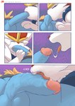 anthro balls blue_body blue_fur bodily_fluids cheek_bulge cinderace comic crotch_shot duo erection eyes_closed fellatio fur generation_4_pokemon generation_8_pokemon genitals hi_res humanoid_genitalia humanoid_penis interspecies lagomorph licking lucario male male/male mammal negy nintendo nude oral penile penis penis_lick pokemon pokemon_(species) saliva saliva_string sex tongue tongue_out white_body white_fur