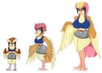 anthro beak big_breasts black_eyes blonde_hair bottomwear breasts brown_body clothing female generation_1_pokemon group hair hi_res huge_breasts nintendo pidgeot pidgeotto pidgey pokeball pokemon pokemon_(species) red_hair shirt shorts simple_background topwear trio urusee584 white_background wings