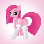 1:1 2015 anus blue_eyes butt clothing cutie_mark digital_media_(artwork) earth_pony equid equine female feral friendship_is_magic hair hasbro hi_res hisexpliciteditor horse legwear long_hair looking_at_viewer looking_back mammal my_little_pony nude photoimpact_(artwork) pink_hair pink_theme pinkamena_(mlp) pinkie_pie_(mlp) pony pyruvate solo stockings straight_hair third-party_edit vaginal