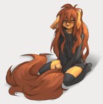 2023 absurd_res anthro apogee_(tinygaypirate) brown_eyes brown_hair canid canine canis clothed clothing domestic_dog ears_down female fur hair hands_between_legs hi_res hoodie inner_ear_fluff kneeling legwear long_hair long_tail looking_down mammal pivoted_ears shirt simple_background solo spitz tail tan_body tan_fur thigh_highs tinygaypirate topwear tuft white_background