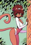 2021 anthro breasts brown_hair cleavage clothed clothing conditional_dnp domestic_cat felid feline felis female fur green_eyes hair jollyjack leaf looking_back mammal smile solo tail tan_body tan_fur