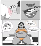 absurd_res bed bodily_fluids bovid bovine bra breastfeeding cattle clothing comic dark_body dark_skin expansion female furniture growth hi_res human kynesart lactating licking licking_lips mammal milk overweight overweight_female panties slightly_chubby smile tongue tongue_out underwear weight_gain