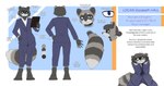 anthro apple_inc. black_hair business_suit businesswear clothed clothing facial_markings female fluffy fluffy_tail frazzled_hair frown fully_clothed hair hair_bun head_markings hi_res ipad logan_hall mammal markings mask_(marking) model_sheet procyonid raccoon solo striped_markings striped_tail stripes suit tail tail_markings text the-minuscule-task