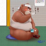 1:1 2018 anthro bear belly blush brown_body brown_fur censor_bar censored detailed_background digital_media_(artwork) fur genitals hi_res humanoid_hands ineffective_censorship japanese_text kemono male mammal masturbation mosaic_censorship negative_censor negative_colors overweight overweight_anthro overweight_male penile penile_masturbation penis sitting solo text toshi_(artist)