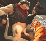 3d_(artwork) anthro armor armored_vest bear blender_(artwork) chair digital_media_(artwork) duo epic_games felid fortnite furniture genitals gun headgear helmet hi_res holding_object holding_ranged_weapon holding_weapon humanoid_genitalia humanoid_penis interspecies male male/male mammal musk musk_clouds office on_chair oral oscar_(fortnite) overweight overweight_male pantherine penis polar_bear polar_patroller ranged_weapon sitting sitting_on_chair sneakyphox tiger ursine weapon