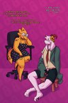 2:3 accessory alphys anthro asriel_dreemurr balls blush bodily_fluids boss_monster_(undertale) bottomwear chair chastity_cage chastity_device chastity_key clothed clothing collared_shirt dracozhilla dress duo english_text eyewear female femboy flower flower_in_hair furniture genitals glasses hair hair_accessory hi_res humanoid larger_male locktober male male/female mammal necktie plant reptile scalie shorts size_difference skinny smaller_female smug stool stylized_chastity_cage sweat sweater text topwear undertale undertale_(series)