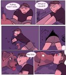 bestiality bestiality_kiss blush canid canine canis comic dialogue domestic_dog duo english_text facial_hair feral hi_res human human_on_feral interspecies kissing male male/male mammal motion_lines night plant shrub speech_bubble surprised_expression text zoba_(artist)