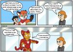 arc_reactor armor canid canine ceiling_lamp clothed clothing comic costume dialogue digital_media_(artwork) english_text felid female fox foxdad fursuit fuzzt0ne glowing glowing_eyes hair hi_res human inside iron_man jimmy_(foxdad) lamp light lighting lights machine male mammal marvel power_armor speech_bubble text url window