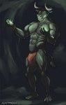 2018 4_fingers 5_toes abs anthro bottomwear bovid bovine broad_shoulders cattle cave clothed clothing ear_piercing ear_ring feet fingers fur glowing grey_body grey_fur hooved_fingers hooves horn humanoid_feet jewelry loincloth loincloth_only looking_at_viewer magic male mammal muscular muscular_anthro muscular_male navel necklace pecs piercing plantigrade ring_piercing sampsonwoof serratus shaded signature smile solo standing tail tail_tuft toes topless tuft yellow_eyes