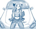 2024 adobe_photoshop_(artwork) anthro blue_and_white bottomwear canid canine car clothing conditional_dnp crop_top digital_media_(artwork) dipstick_tail eye_through_hair female fox gloves_(marking) greyscale hair hi_res honda honda_s2000 keidran laura_(twokinds) legwear long_hair looking_at_viewer mammal markings midriff miniskirt monochrome navel shirt simple_background sitting sitting_on_car sketch skirt smile solo stockings tail tail_markings the_fast_and_the_furious tom_fischbach topwear translucent translucent_hair twokinds vehicle