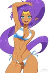 absurd_res bikini blue_eyes breasts brown_body brown_skin cleavage clothed clothing ear_piercing ear_ring female genie hair hi_res humanoid humanoid_pointy_ears long_hair looking_at_viewer not_furry open_mouth open_smile piercing ponytail purple_hair revenant_(artist) ring_piercing shantae shantae_(series) signature simple_background smile solo swimwear two-piece_swimsuit wayforward