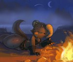 anthro bedroom_eyes campfire collar female freckles hi_res inviting kobold narrowed_eyes nature nature_background piko_(simplifypm) seductive sky slideshowart solo tail thick_thighs