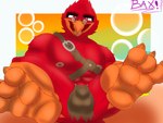 4:3 absurd_res adler_mortis anthro avian balls_outline baxter_wolfy beak biped bird bottomwear bulge cardinal_(bird) claws clothing detailed_bulge eyewear genital_outline glasses harness hi_res loincloth lying male male_anthro muscular nipples northern_cardinal oscine passerine paws simple_background solo