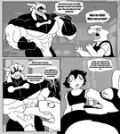 abs absurd_res adam_(parttimeyeen) anthro biceps big_muscles bovid caprine clothing comic crop_top dialogue english_text fish gabriel_(parttimeyeen) goat group hi_res horn huge_muscles lagomorph laura_(parttimeyeen) leporid lips lizard male mammal marine muscular muscular_anthro muscular_male parttimeyeen_(artist) pecs profanity rabbit reptile scalie shark shirt superhero text thick_bottom_lip topwear tristen_(parttimeyeen)