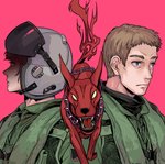 ace_combat ace_combat_zero armor blue_eyes brown_hair canid canid_demon canine chain cipher_(ace_combat_zero) cipher_(character) collar demon feral flight_helmet flight_suit galm_(ace_combat_zero) hair headgear hellhound helmet hi_res human male mammal mythological_canine mythological_creature mythology pixy_(ace_combat_zero) red_body spiked_collar spikes unknown_artist yellow_eyes