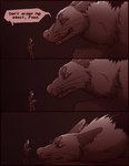 anthro bodily_fluids canid canine clothed clothing comic dialogue digital_media_(artwork) duo english_text feral fur hair hi_res human lemondeer male male/male mammal monochrome monster mordecai_(lemondeer) noah_(downthehatch) simple_background size_difference text