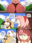 3:4 accessory amy_rose anthro bat big_butt breasts butt butt_focus clothing comic duo english_text eulipotyphlan female frown green_eyes hair_accessory hairband hedgehog hi_res mammal name_drop panties purple_eyes rouge_the_bat sad sega shirt sonic_the_hedgehog_(series) tank_top text topwear underwear zaviel