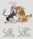 anthro bdsm biped blush canid canine canis clothed clothing collar comic coyote dialogue duo english_text felid female female/female fingers hair hi_res leash leashed_collar mammal pantherine petplay purring rain_(vanillayote) roleplay scritches snow_leopard speech_bubble tail tail_motion tailwag text trans_(lore) trans_woman_(lore) underwear vanillayote