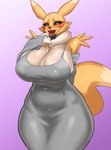 2024 absurd_res anthro bandai_namco big_breasts blush breasts clothed clothing digimon digimon_(species) female fur furdle hi_res huge_breasts looking_at_viewer open_mouth renamon solo tongue tongue_out yellow_body yellow_fur