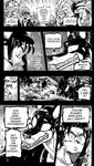 anthro canid canine canis clothed clothing comic daigaijin dialogue domestic_dog english_text female fox fur furryfight_chronicles gantus_(furryfight_chronicles) group hair hi_res kalita_(furryfight_chronicles) male mammal monochrome outside raining text