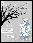 anthro backpack canid canine canis cherry_blossom clothed clothing comic cooper_estevez dialogue diary english_text flower hi_res jackaloo journal looking_up male mammal plant prunus_(flower) solo standing text tree wolf