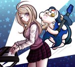 2016 accessory ahoge anthro bear black_eyes blonde_hair blue_background blue_body blush blush_stickers body_hair bodypaint bottomwear breasts chest_hair clothed clothing danganronpa danganronpa_v3 digital_media_(artwork) dress_shirt duo electric_guitar electronic_musical_instrument electronics empty_eyes eyebrows eyelashes featureless_crotch female fully_clothed genetic_chimerism geometric_background grin guitar hair hair_accessory hairpin holding_guitar holding_musical_instrument holding_object human kaede_akamatsu ktokei light_body light_skin long_hair looking_at_another male mammal monokid monokubs motion_lines musical_instrument nude object_in_mouth one_eye_closed pacifier pacifier_in_mouth playing_guitar playing_music plucked_string_instrument print_bottomwear print_clothing print_skirt purple_eyes shirt shoulder_pads simple_background size_difference skirt smile spike_chunsoft split_color string_instrument synthesizer teeth topwear vest white_background white_body