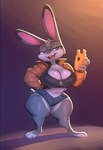 anthro barefoot big_breasts bigdad biped breasts buckteeth cleavage clothed clothing disney electronics feet female fur grey_body grey_fur holding_object holding_phone judy_hopps lagomorph leporid looking_at_viewer mammal open_mouth open_smile phone purple_eyes rabbit shadow short_stack simple_background smile solo teeth zootopia