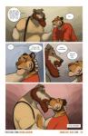 2018 anthro anthro_on_anthro beard canid canine canis clothed clothing comic dialogue douglas_kim duo english_text facial_hair felid french_kissing hair hand_on_chest hi_res holding_head hybrid kissing looking_at_another male male/male mammal mature_male muscular mustache nathan_(kimmykun) open_mouth pantherine purple_eyes red_eyes red_hair speech_bubble suspenders text tiger tongue tongue_out url wallace_(kimmykun) wolfdog