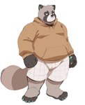 2023 anthro apricotsammi bottomwear canid canine clothing facial_piercing hi_res hoodie humanoid_hands male mammal nose_piercing nose_ring overweight overweight_male piercing raccoon_dog ring_piercing shorts simple_background solo tanuki topwear