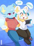 3:4 absurd_res adult_(lore) anthro blue_body blue_fur clothing digital_media_(artwork) duo fan_character felid feline female fur gaming generation_3_pokemon generation_4_pokemon hair hi_res hybrid jirachi jitters_(kal) legendary_pokemon male male/female mammal neve_(plattyneko) nikkibunn nintendo open_mouth playing_video_game pokemon pokemon_(species) red_eyes shinx simple_background tail young