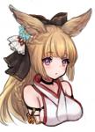 2019 accessory animal_humanoid bare_shoulders blonde_hair blush bow_(feature) bow_accessory bow_ribbon breasts bust_portrait canid canid_humanoid canine canine_humanoid centered_hair_bow choker clothed clothing cygames erune eyebrow_through_hair eyebrows female fox_humanoid granblue_fantasy hair hair_accessory hair_bow hair_ribbon humanoid jewelry mammal mammal_humanoid necklace nuno_(pppompon) open_mouth portrait purple_eyes ribbons side_boob simple_background solo translucent translucent_hair white_background white_clothing yuisis_(granblue_fantasy)