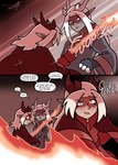 clawed_hands clothed clothing comic dialogue duo english_text feral fire gem hair hi_res horn horned_humanoid humanoid male monster_girl_(genre) open_mouth red_eyes red_gem shriekingmagpie simple_background speech_bubble text white_hair